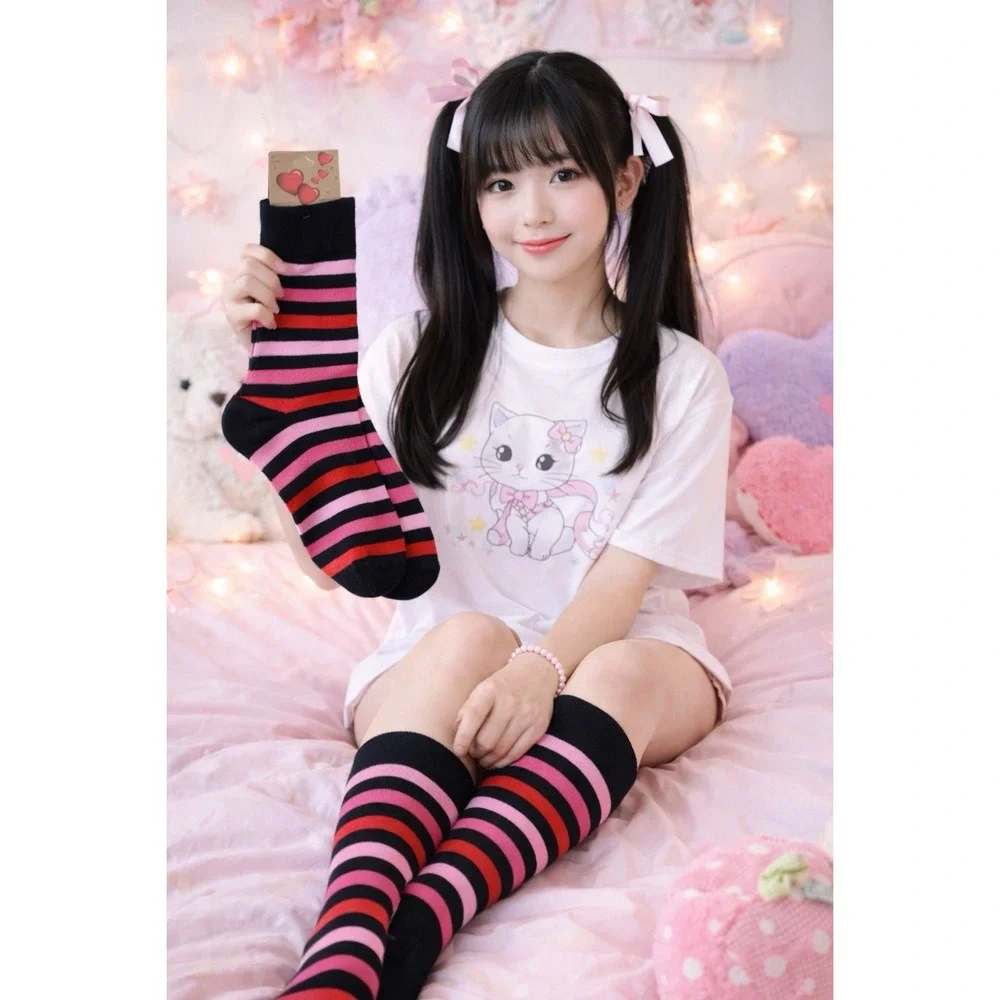 Striped Crew Socks Black Pink Red Hearts Gift Cute Valentine Goth Emo 9–11‎